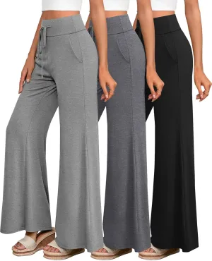 3 Pack Women's Wide Leg Pants Casual High Waist Flare Trousers Lounge Palazzo Yoga Sweatpants with Pockets