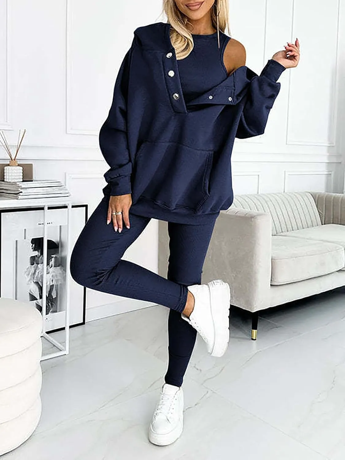 3 Piece Hoodie Set Women, 3 Piece Sweatsuit Cozy & Stylish Sets, Oversized Hooded Casual 3pcs Sweatshirt Suit