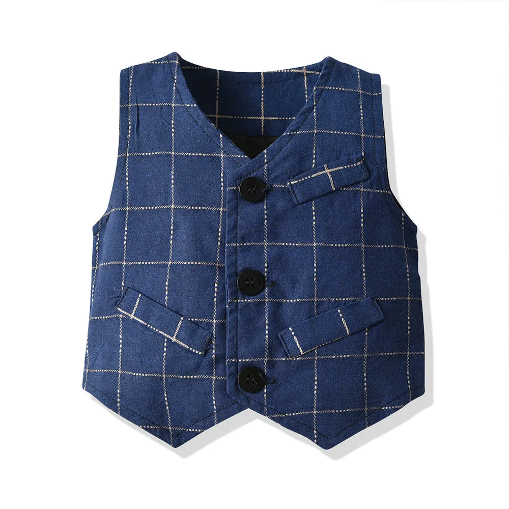 3 Pieces Set Baby Kid Boys Birthday Party Solid Color Bow Shirts And Striped Checked Vests Waistcoats And Pants Wholesale 23041127