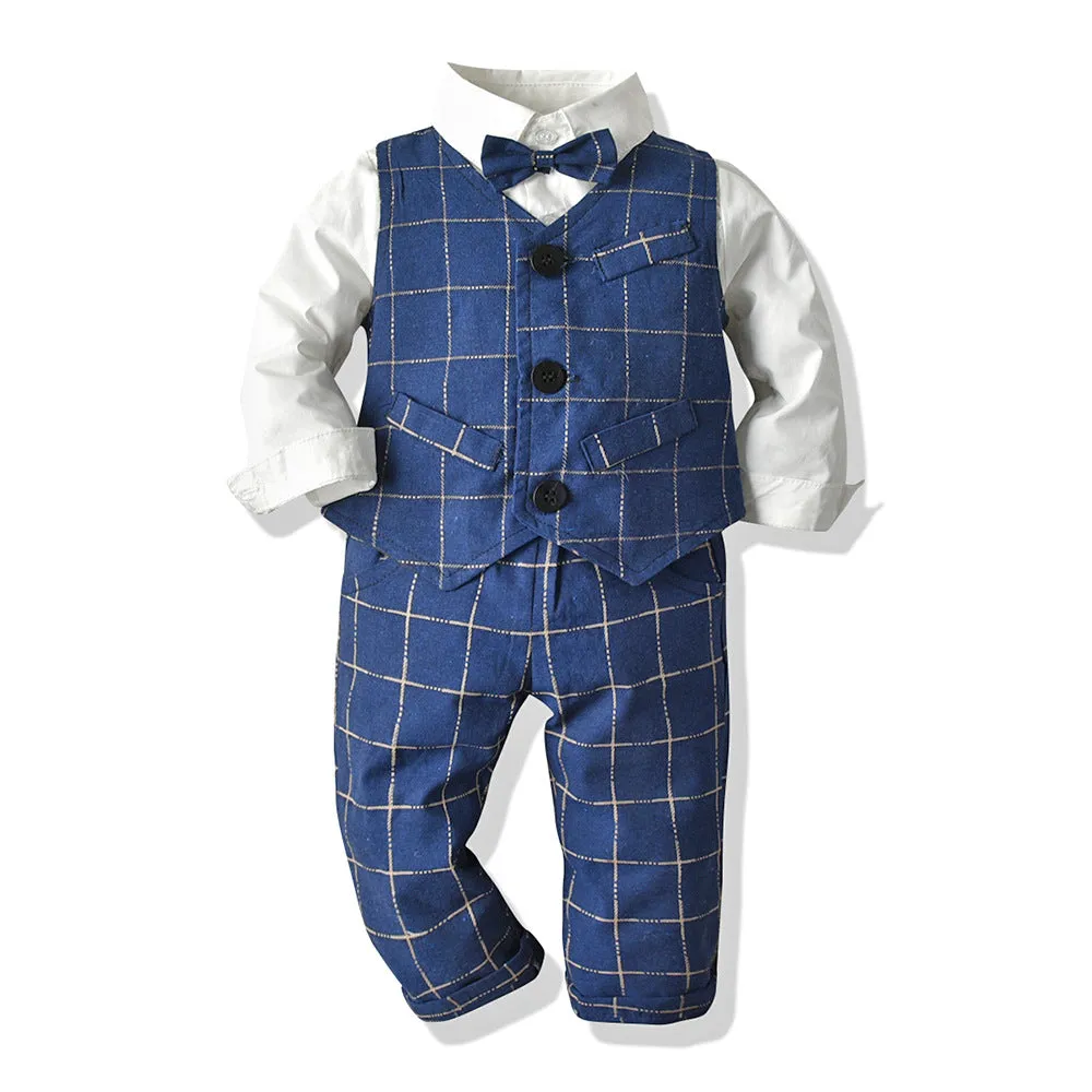 3 Pieces Set Baby Kid Boys Birthday Party Solid Color Bow Shirts And Striped Checked Vests Waistcoats And Pants Wholesale 23041127