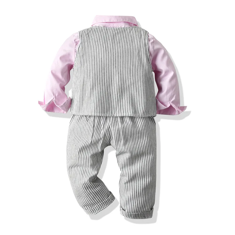 3 Pieces Set Baby Kid Boys Birthday Party Solid Color Bow Shirts And Striped Checked Vests Waistcoats And Pants Wholesale 23041127