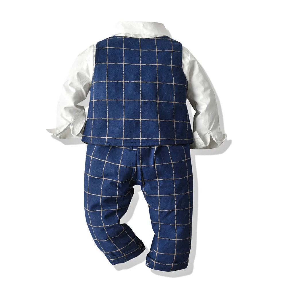 3 Pieces Set Baby Kid Boys Birthday Party Solid Color Bow Shirts And Striped Checked Vests Waistcoats And Pants Wholesale 23041127