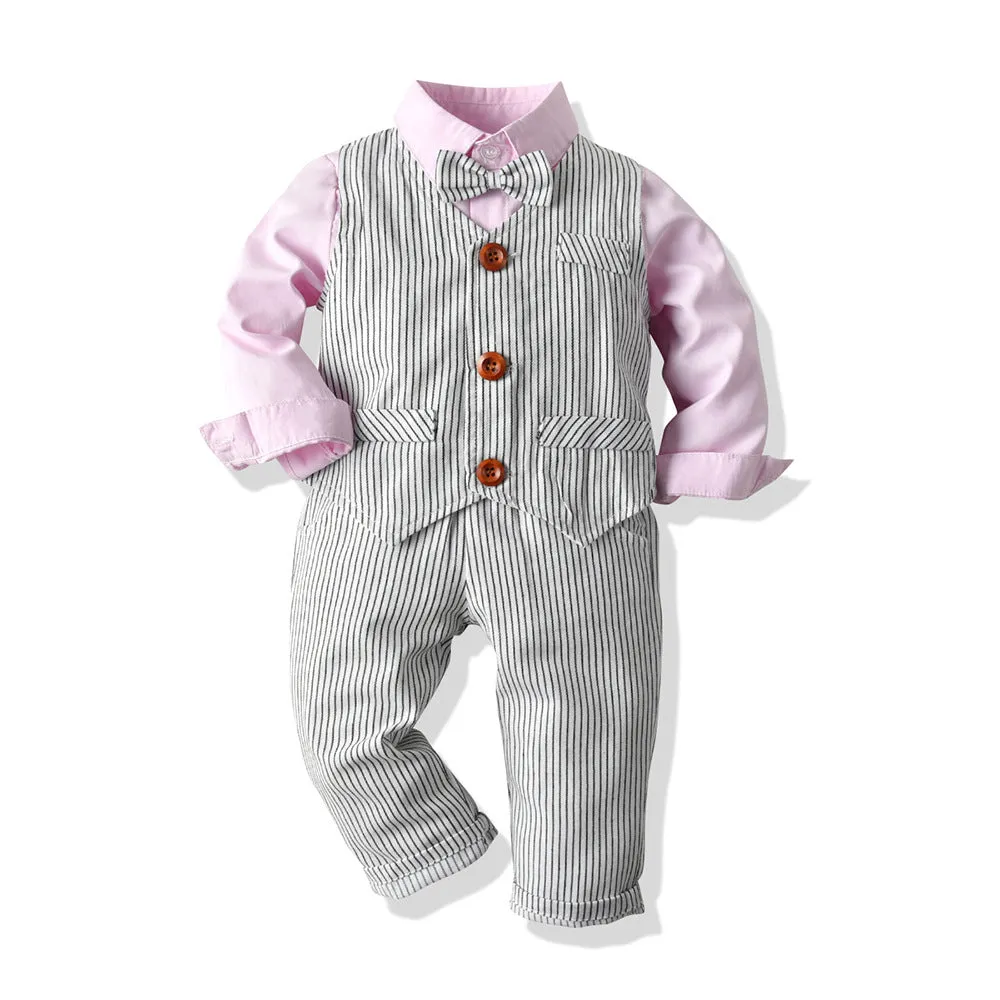 3 Pieces Set Baby Kid Boys Birthday Party Solid Color Bow Shirts And Striped Checked Vests Waistcoats And Pants Wholesale 23041127