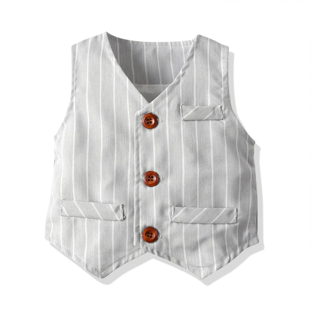 3 Pieces Set Baby Kid Boys Birthday Party Solid Color Bow Shirts And Striped Checked Vests Waistcoats And Pants Wholesale 23041127