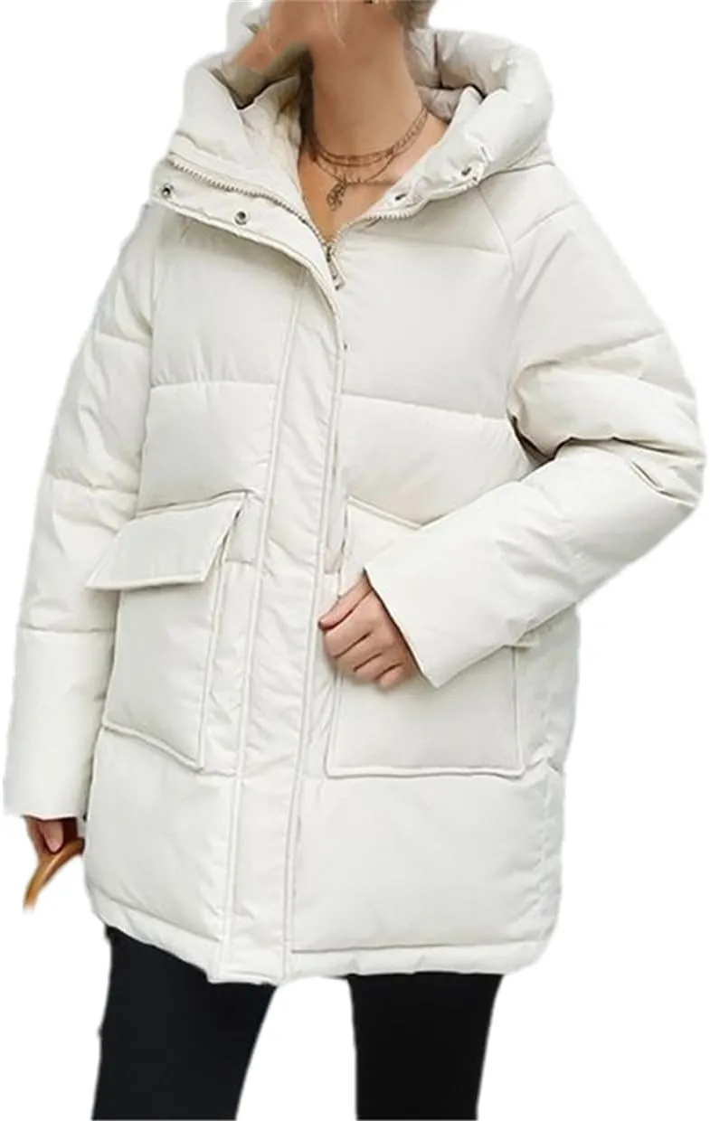 Adhdyuud Women Winter Long Coats Hooded Solid Puffer Jackets Big Pockets Cotton Padded Casual Warm Bubble Parka