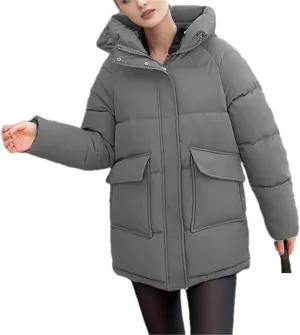 Adhdyuud Women Winter Long Coats Hooded Solid Puffer Jackets Big Pockets Cotton Padded Casual Warm Bubble Parka