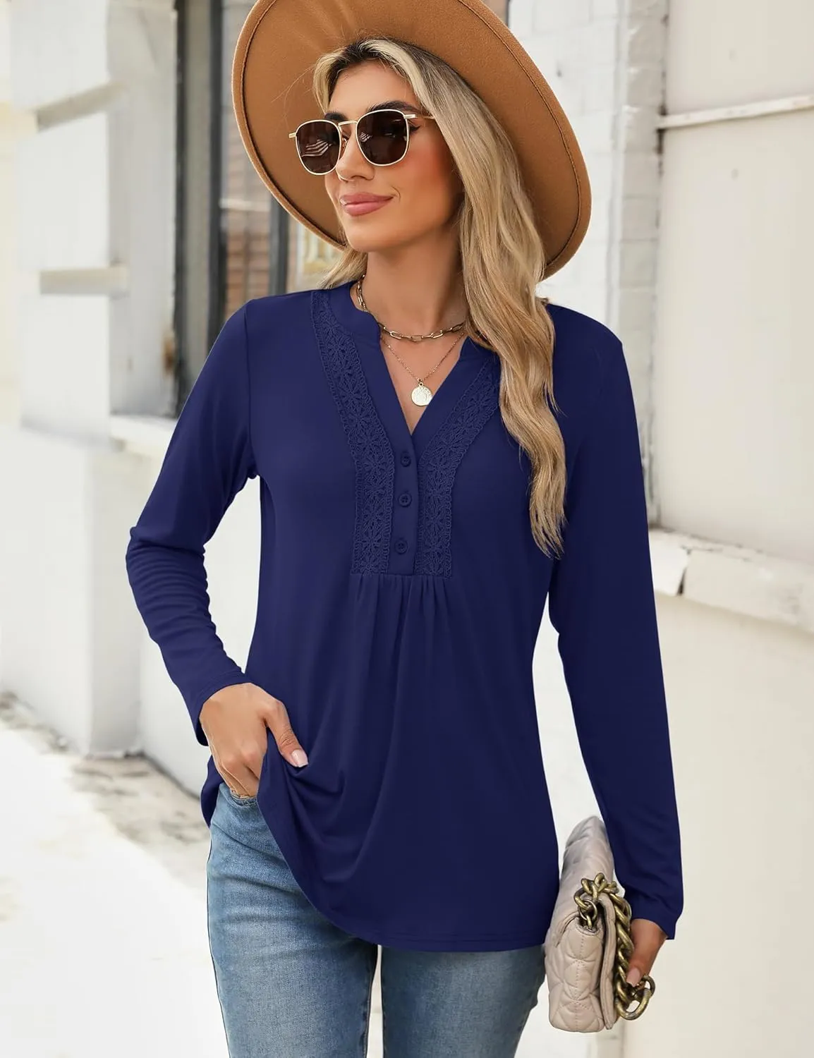 AKEWEI Womens Long Sleeve Tunic Tops Casual Pleated Henley Shirt Lace Crochet V-Neck Button Down Blouse