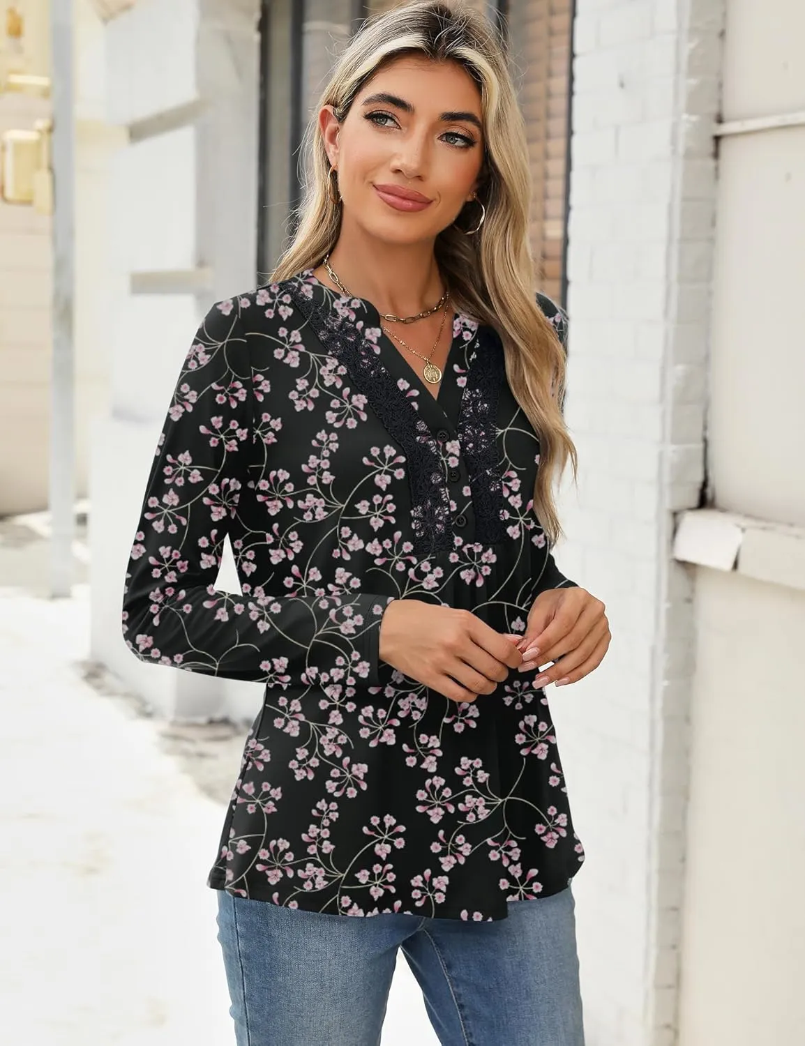 AKEWEI Womens Long Sleeve Tunic Tops Casual Pleated Henley Shirt Lace Crochet V-Neck Button Down Blouse