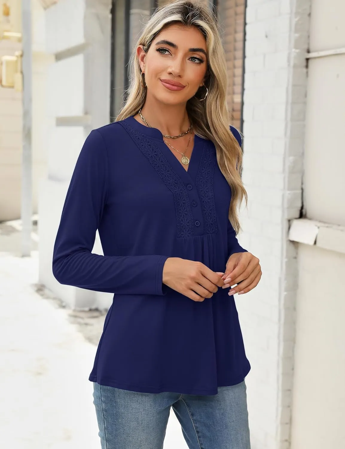 AKEWEI Womens Long Sleeve Tunic Tops Casual Pleated Henley Shirt Lace Crochet V-Neck Button Down Blouse