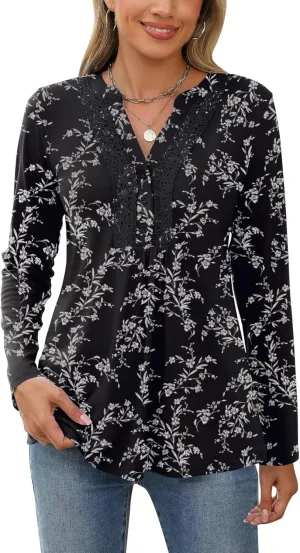 AKEWEI Womens Long Sleeve Tunic Tops Casual Pleated Henley Shirt Lace Crochet V-Neck Button Down Blouse