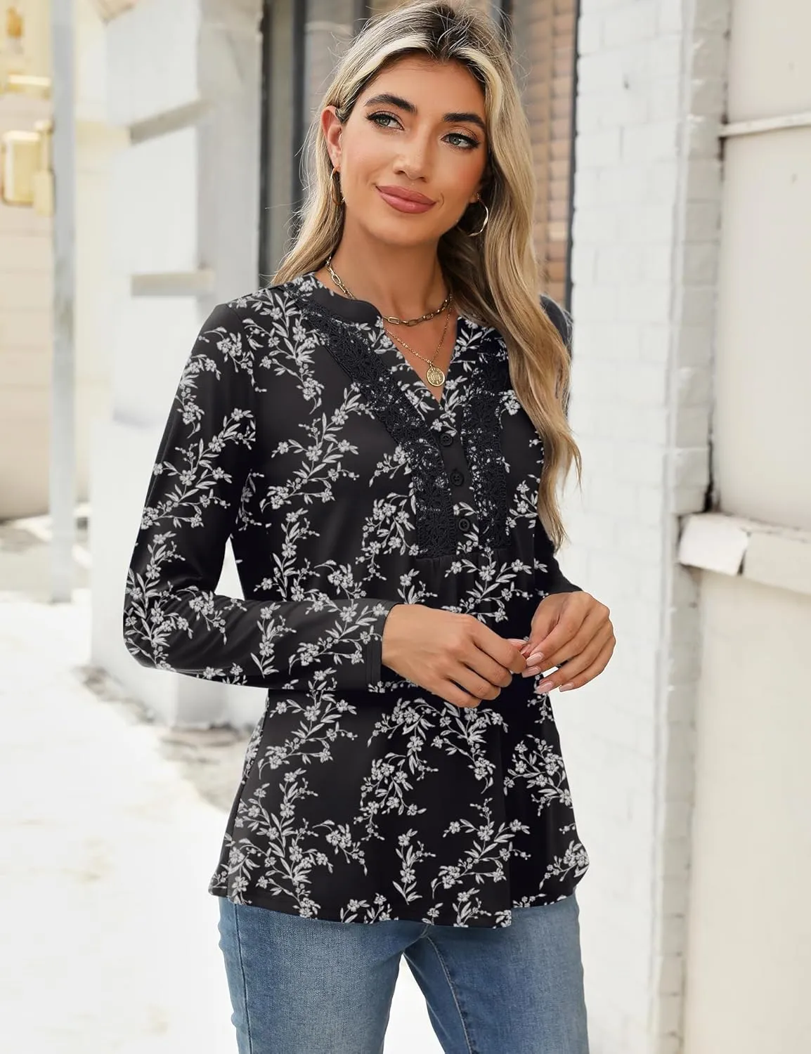 AKEWEI Womens Long Sleeve Tunic Tops Casual Pleated Henley Shirt Lace Crochet V-Neck Button Down Blouse