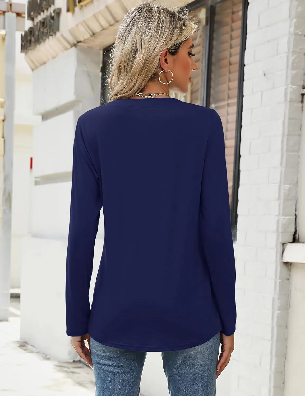 AKEWEI Womens Long Sleeve Tunic Tops Casual Pleated Henley Shirt Lace Crochet V-Neck Button Down Blouse