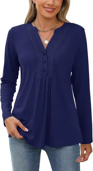 AKEWEI Womens Long Sleeve Tunic Tops Casual Pleated Henley Shirt Lace Crochet V-Neck Button Down Blouse
