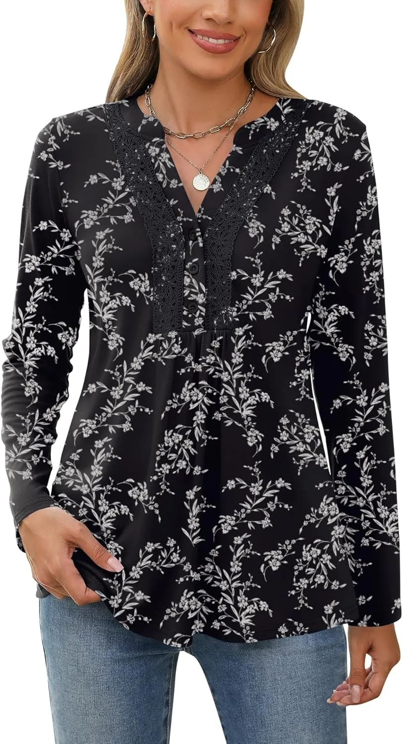 AKEWEI Womens Long Sleeve Tunic Tops Casual Pleated Henley Shirt Lace Crochet V-Neck Button Down Blouse