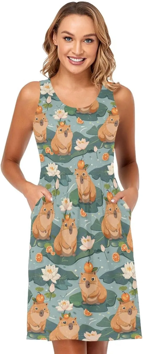 ALAZA Cute Capybara Water Lily Women's Summer Dress Sun Dress Sleeveless with Pockets