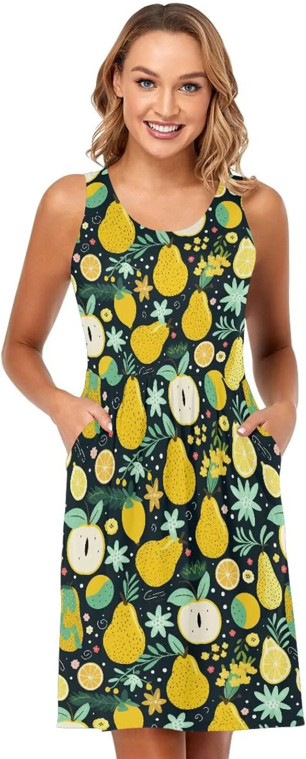 ALAZA Cute Capybara Water Lily Women's Summer Dress Sun Dress Sleeveless with Pockets