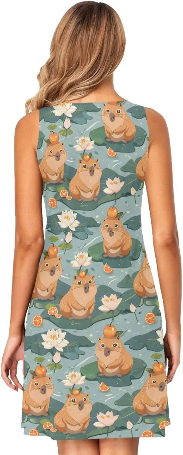 ALAZA Cute Capybara Water Lily Women's Summer Dress Sun Dress Sleeveless with Pockets