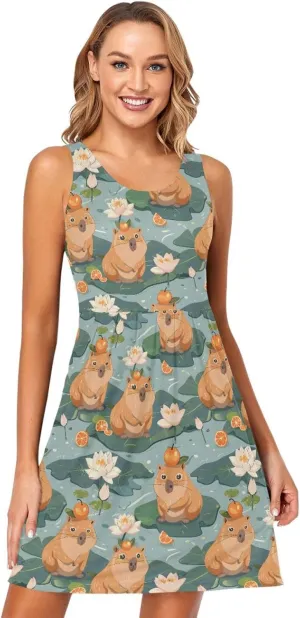 ALAZA Cute Capybara Water Lily Women's Summer Dress Sun Dress Sleeveless with Pockets
