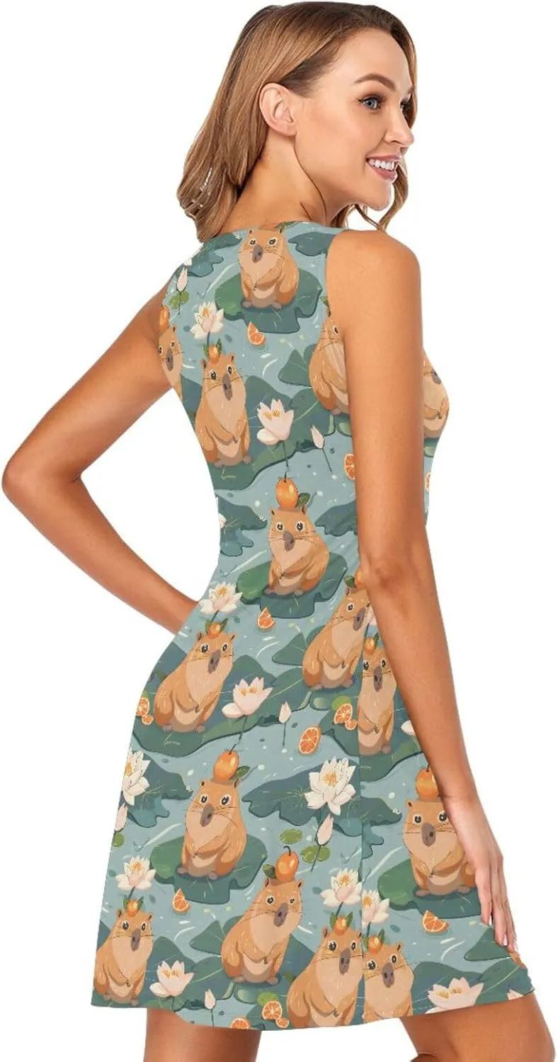 ALAZA Cute Capybara Water Lily Women's Summer Dress Sun Dress Sleeveless with Pockets