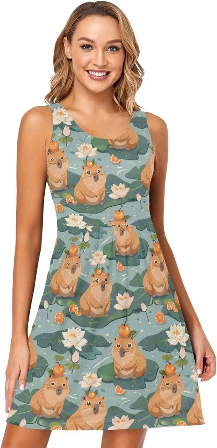 ALAZA Cute Capybara Water Lily Women's Summer Dress Sun Dress Sleeveless with Pockets