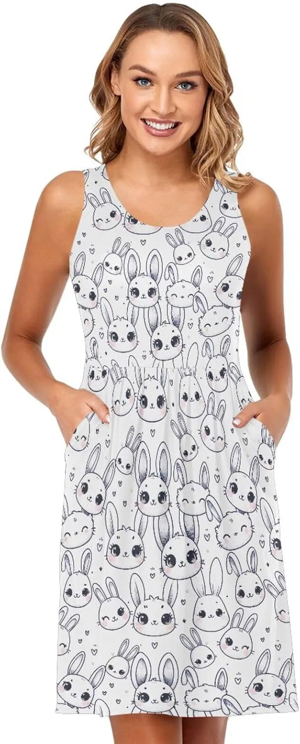 ALAZA Cute Capybara Water Lily Women's Summer Dress Sun Dress Sleeveless with Pockets