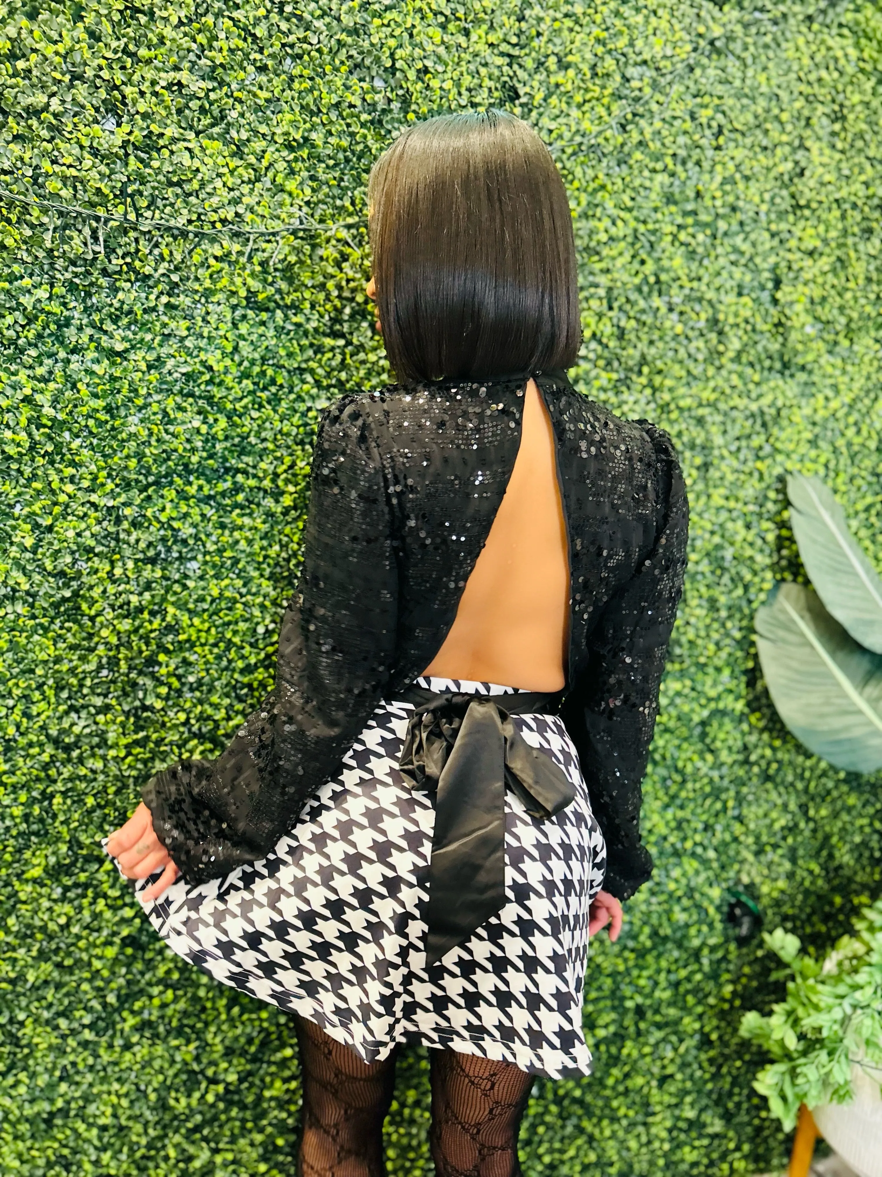 ALL DOLLED UP Sequin Long Sleeve Open Back Cropped Bloused