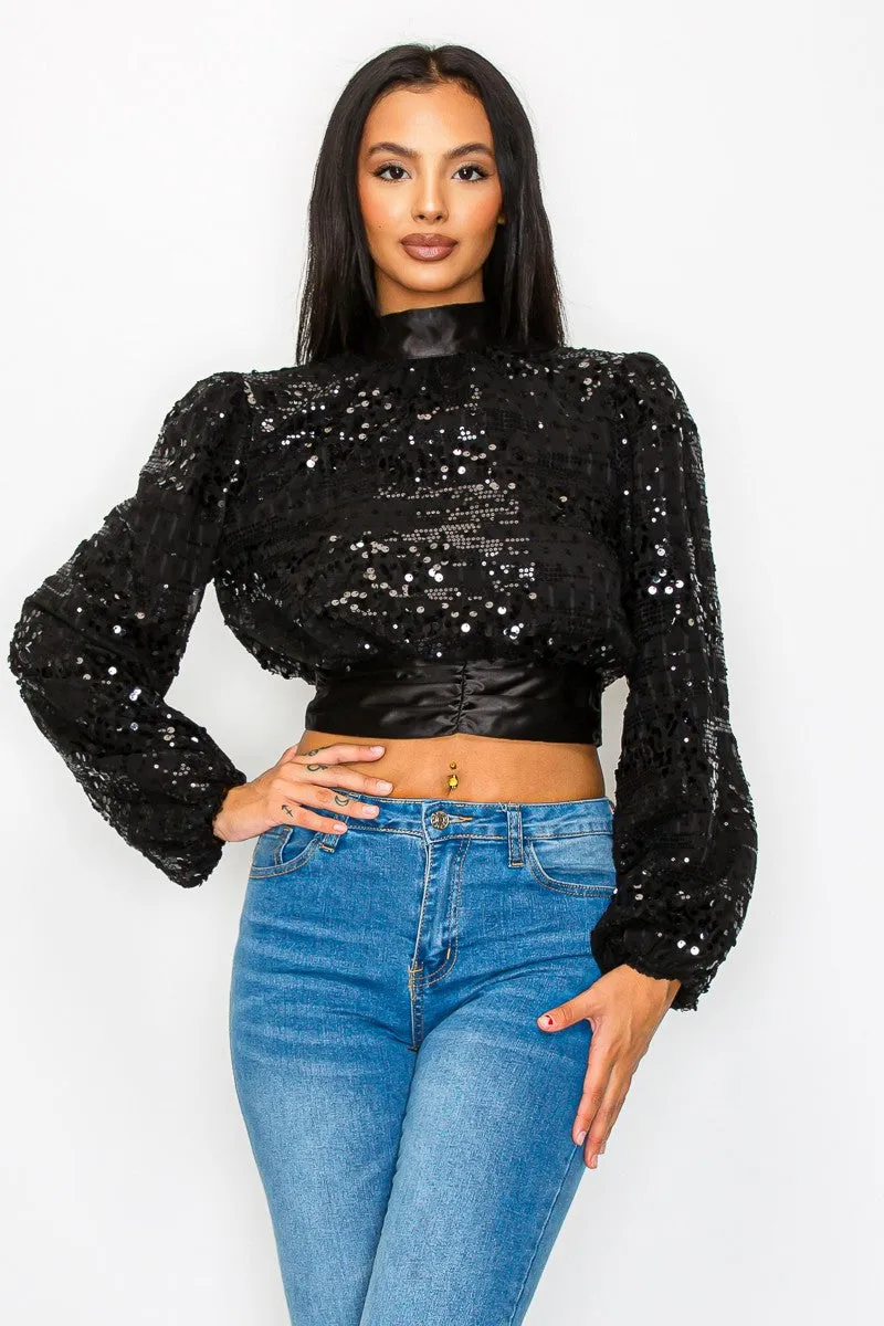ALL DOLLED UP Sequin Long Sleeve Open Back Cropped Bloused