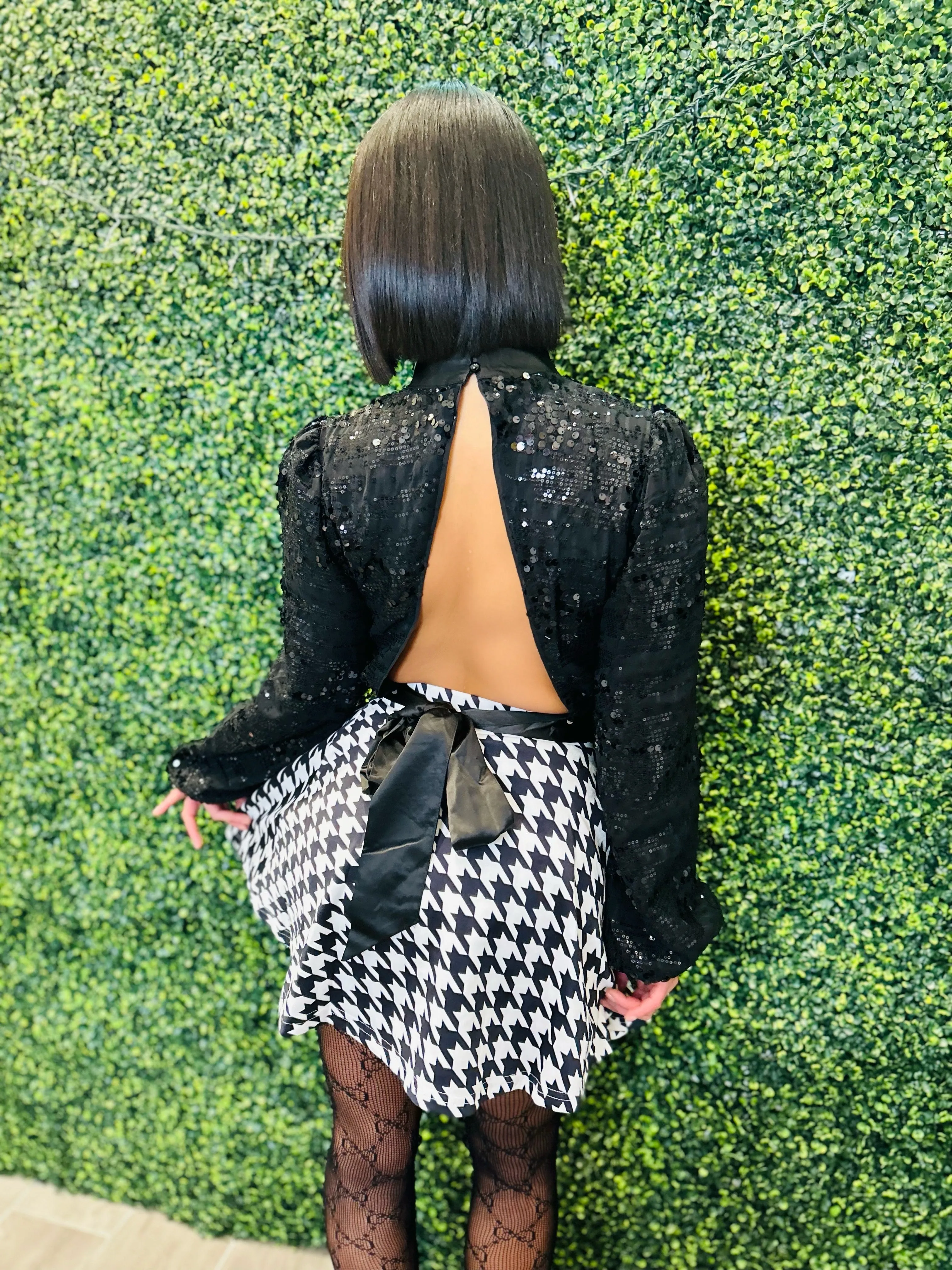ALL DOLLED UP Sequin Long Sleeve Open Back Cropped Bloused