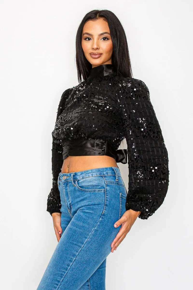 ALL DOLLED UP Sequin Long Sleeve Open Back Cropped Bloused