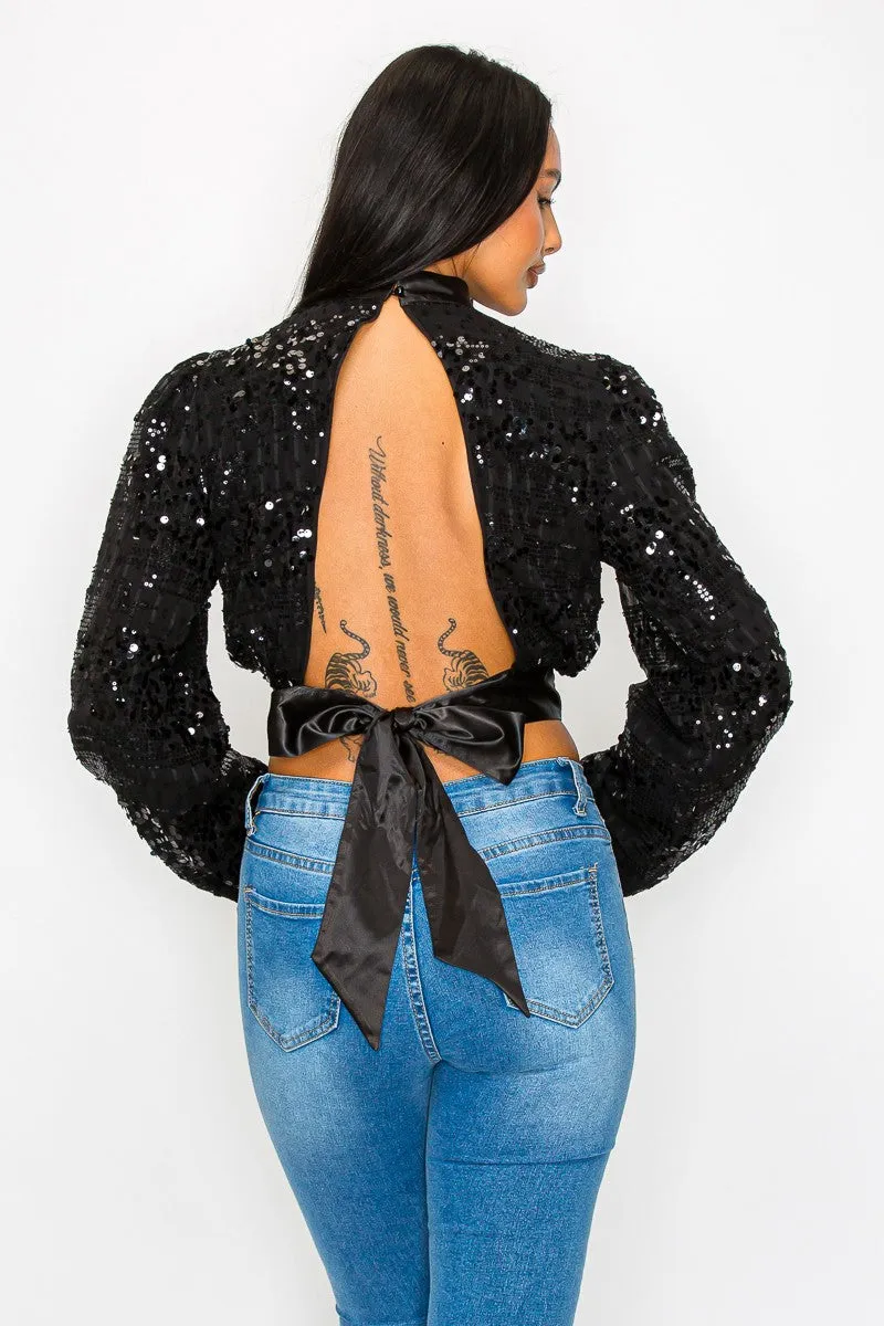 ALL DOLLED UP Sequin Long Sleeve Open Back Cropped Bloused