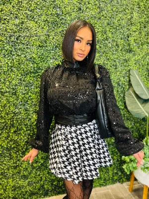 ALL DOLLED UP Sequin Long Sleeve Open Back Cropped Bloused