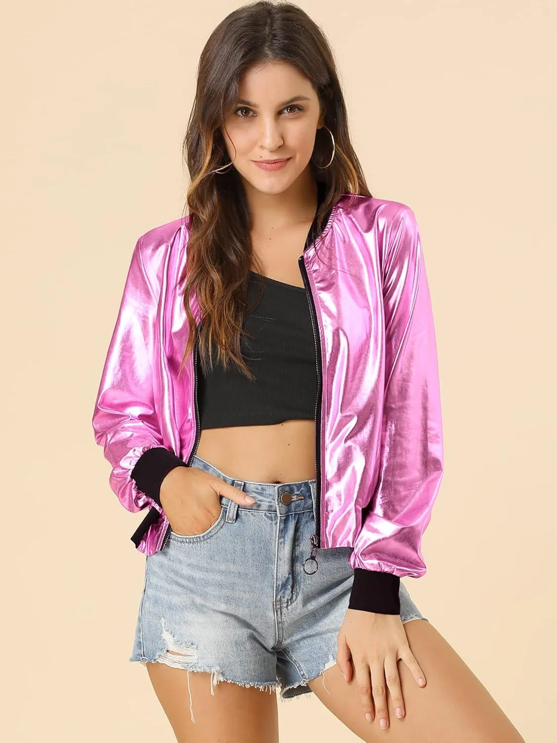 Allegra K Women's St. Patrick's Day Sparkly Holographic Lightweight 90S Shiny Metallic Bomber Jacket