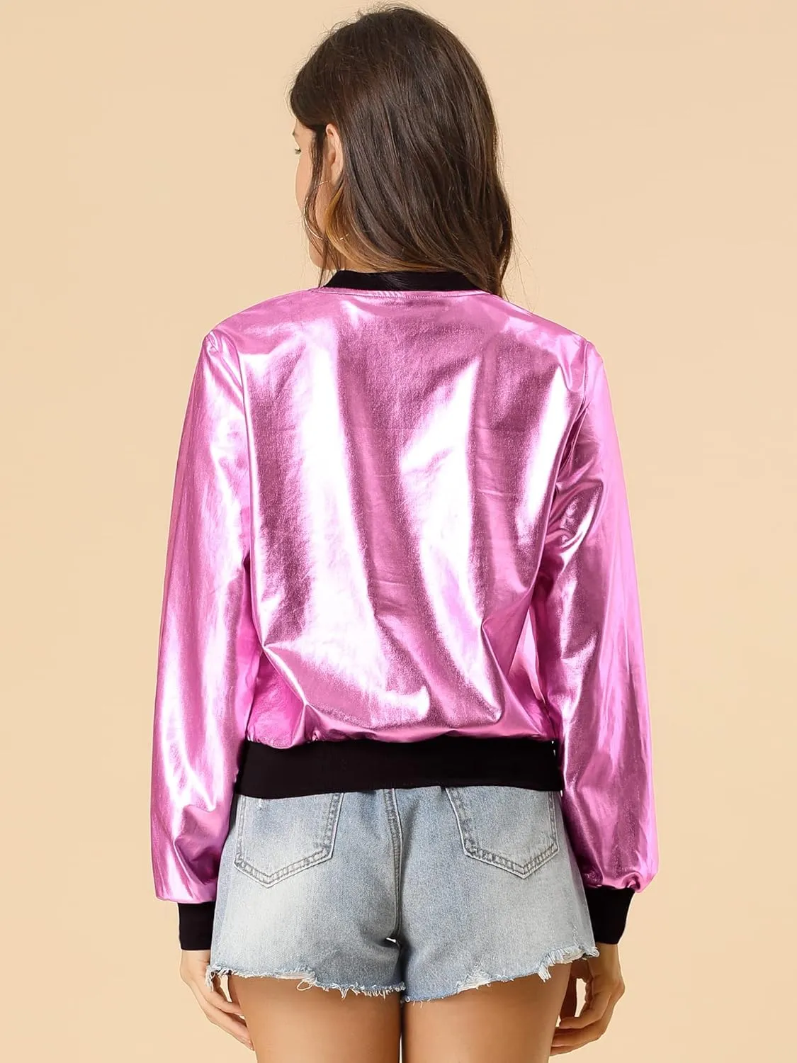 Allegra K Women's St. Patrick's Day Sparkly Holographic Lightweight 90S Shiny Metallic Bomber Jacket