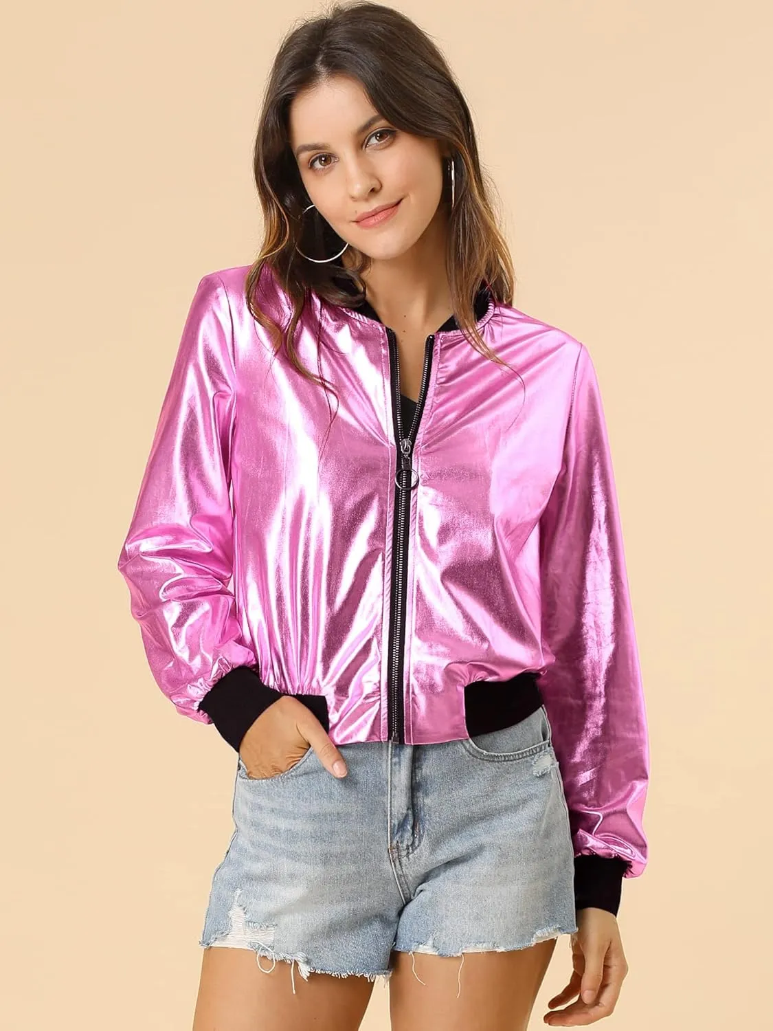 Allegra K Women's St. Patrick's Day Sparkly Holographic Lightweight 90S Shiny Metallic Bomber Jacket
