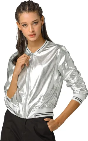 Allegra K Women's St. Patrick's Day Sparkly Holographic Lightweight 90S Shiny Metallic Bomber Jacket