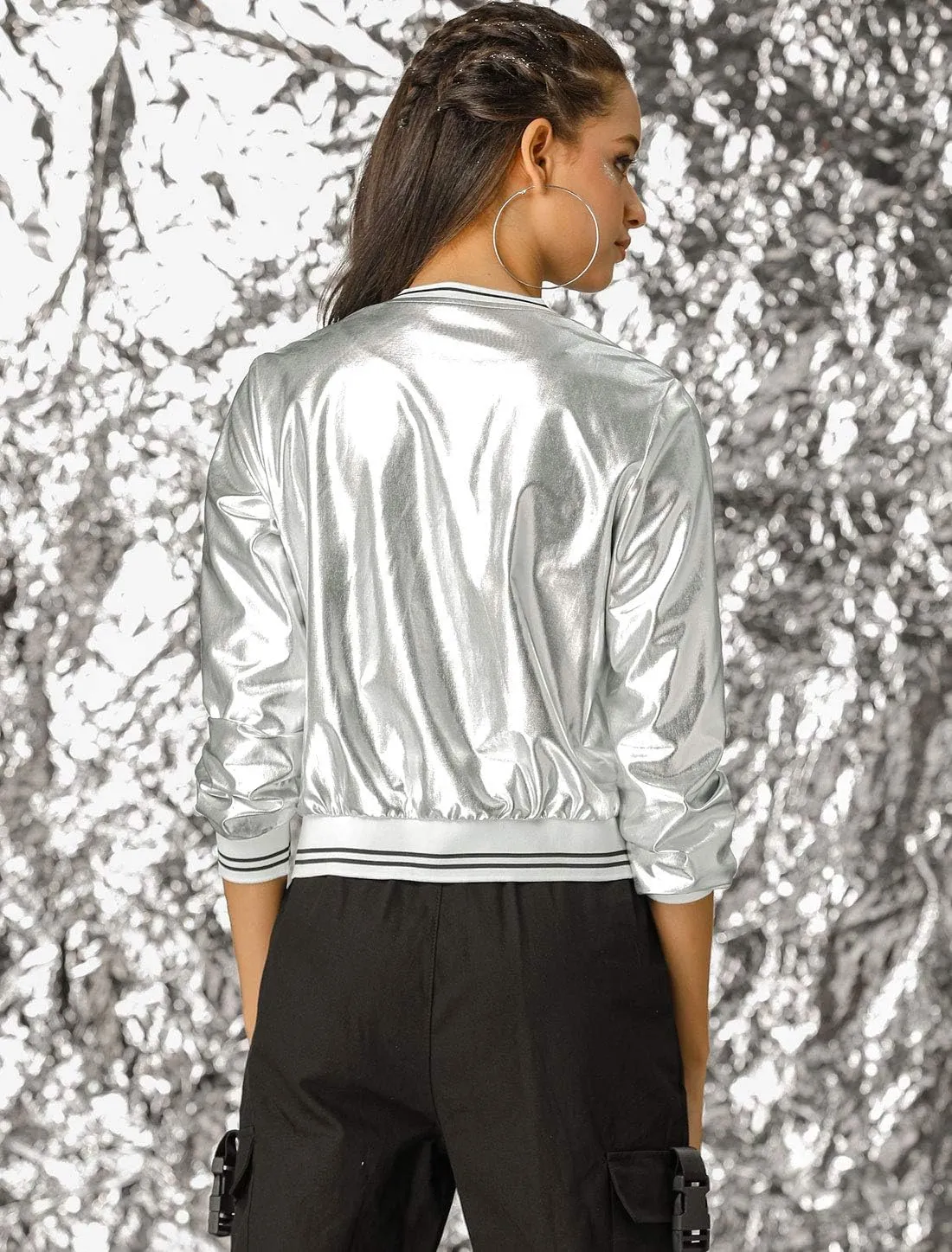 Allegra K Women's St. Patrick's Day Sparkly Holographic Lightweight 90S Shiny Metallic Bomber Jacket