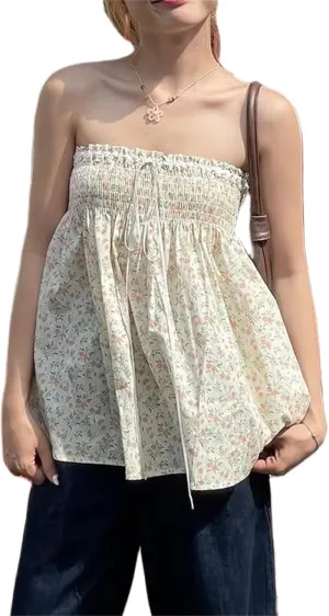 Alyweatry Women Y2k Babydoll Tube Top Sleeveless Strapless Smocked Floral Print Ruffle Flowy Tank Top for Teen Girls