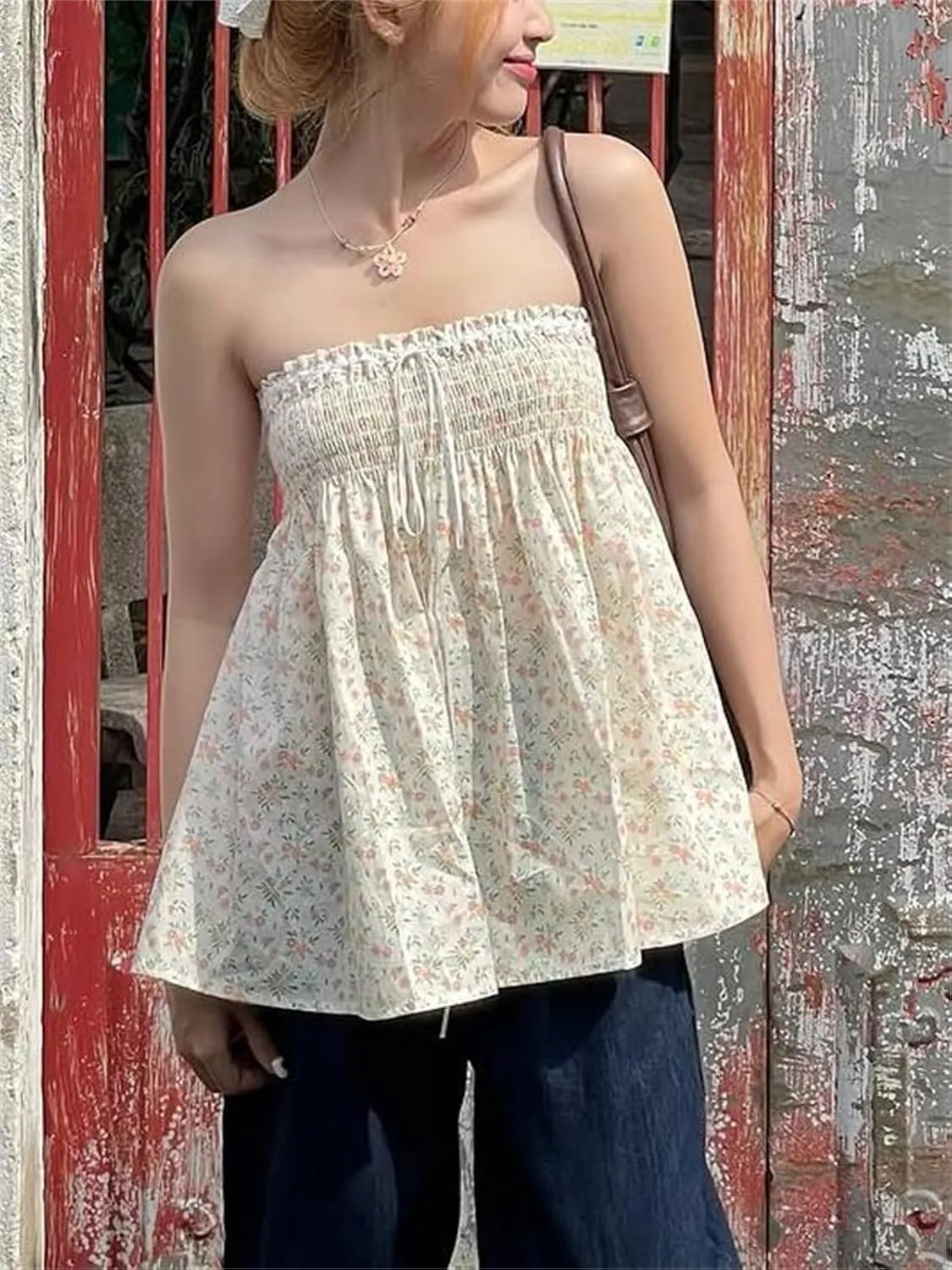 Alyweatry Women Y2k Babydoll Tube Top Sleeveless Strapless Smocked Floral Print Ruffle Flowy Tank Top for Teen Girls