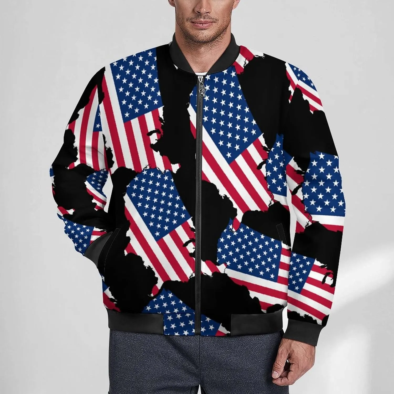 America Flag Map Men's Bomber Jacket Lightweight Windbreaker Fashion Spring Fall Coats Casual Jackets for Men