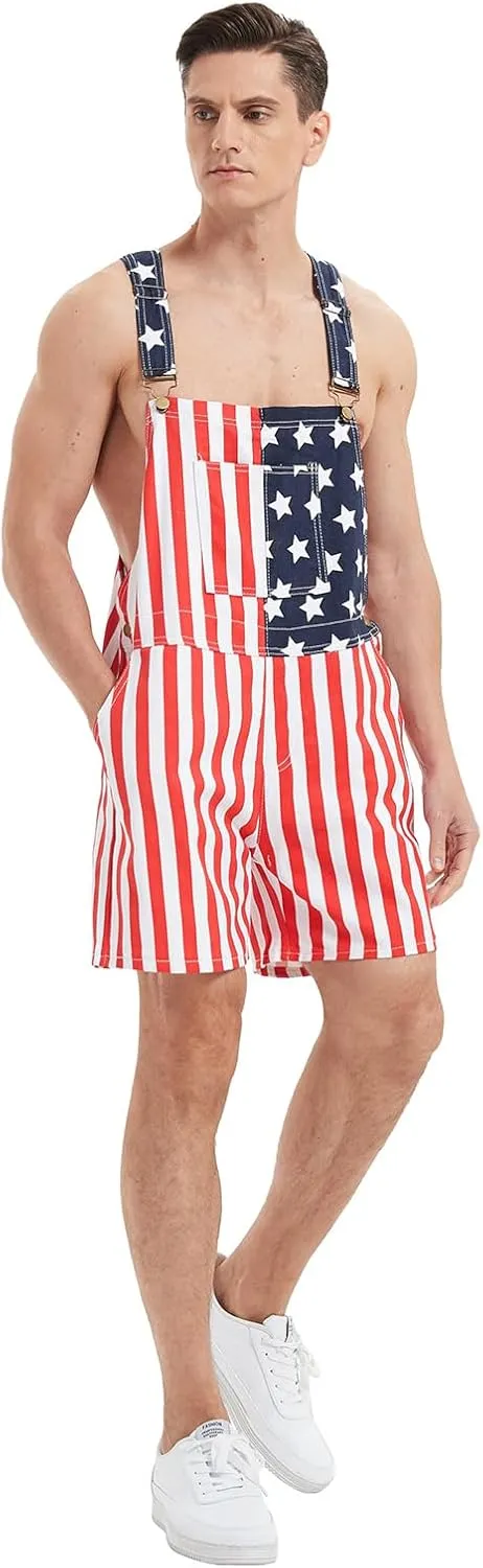 American Flag Overalls Denim Bib Shorts for Men And Women 4Th of July Denim Shortalls Adjustable Jean Jumpsuit Shorts