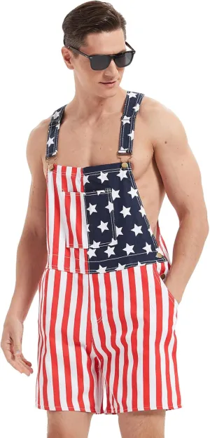American Flag Overalls Denim Bib Shorts for Men And Women 4Th of July Denim Shortalls Adjustable Jean Jumpsuit Shorts