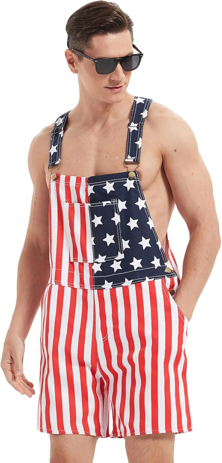 American Flag Overalls Denim Bib Shorts for Men And Women 4Th of July Denim Shortalls Adjustable Jean Jumpsuit Shorts