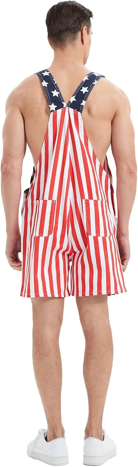 American Flag Overalls Denim Bib Shorts for Men And Women 4Th of July Denim Shortalls Adjustable Jean Jumpsuit Shorts