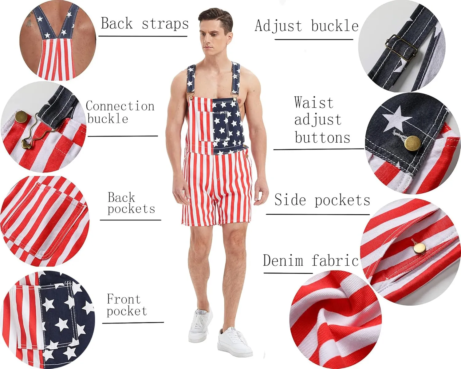 American Flag Overalls Denim Bib Shorts for Men And Women 4Th of July Denim Shortalls Adjustable Jean Jumpsuit Shorts
