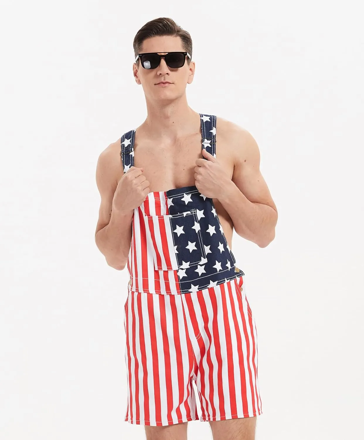 American Flag Overalls Denim Bib Shorts for Men And Women 4Th of July Denim Shortalls Adjustable Jean Jumpsuit Shorts