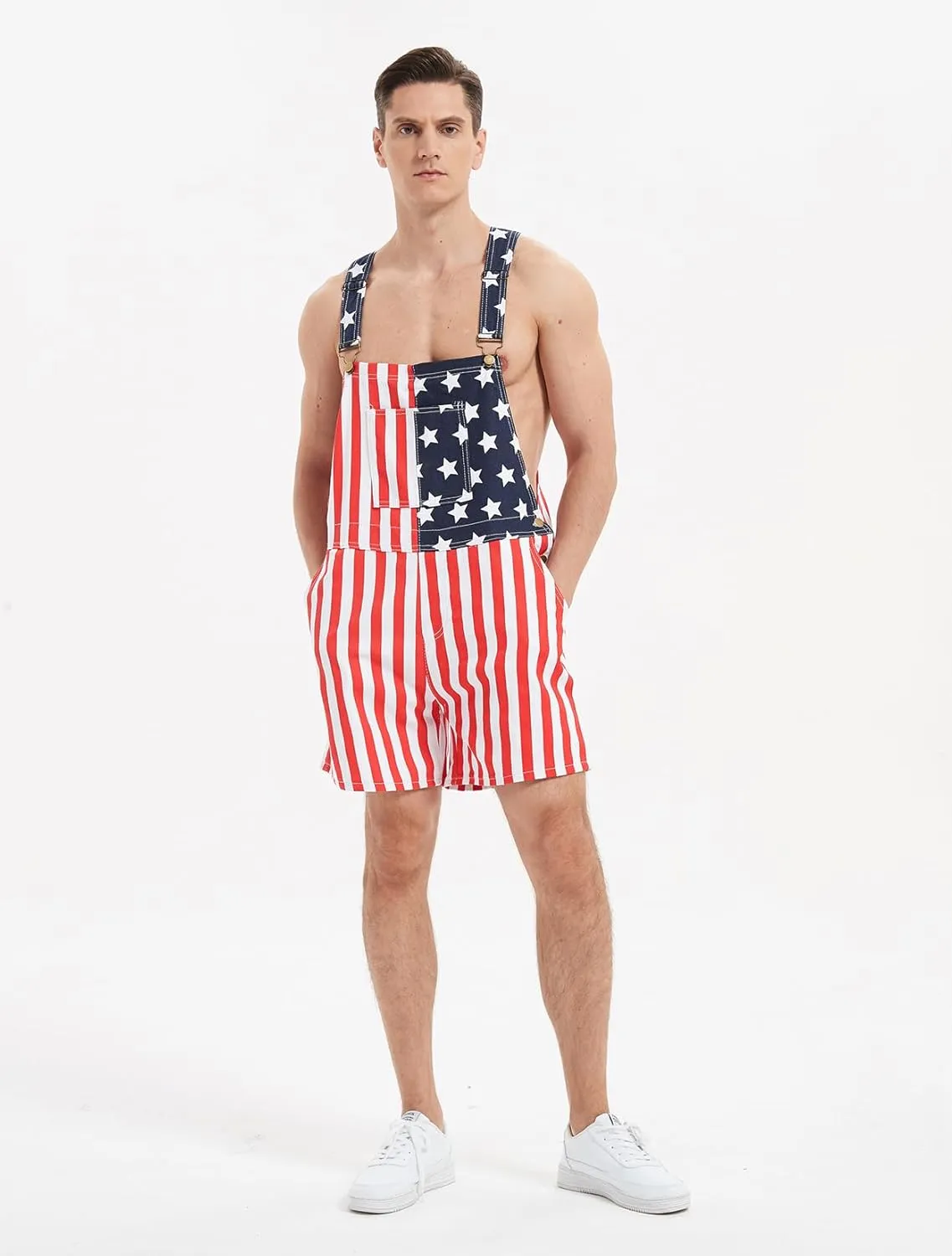 American Flag Overalls Denim Bib Shorts for Men And Women 4Th of July Denim Shortalls Adjustable Jean Jumpsuit Shorts