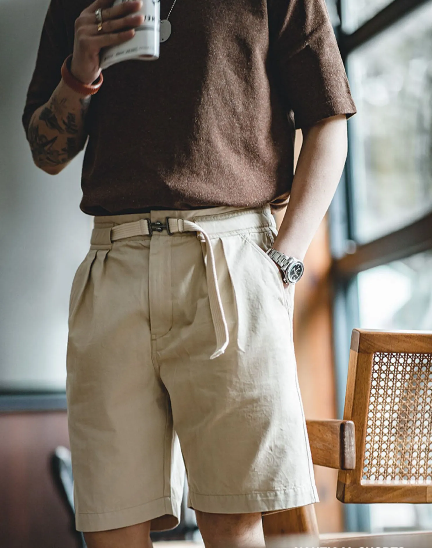 American Retro Buckle Belt Straight Leisure Men's Shorts