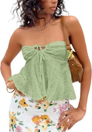 Amiblvowa Women Tie Front Tube Top Sexy Sleeveless Strapless Flowy Ruffle Hem Peplum Bandeau Top Y2K Cute Going Out Crop Tank