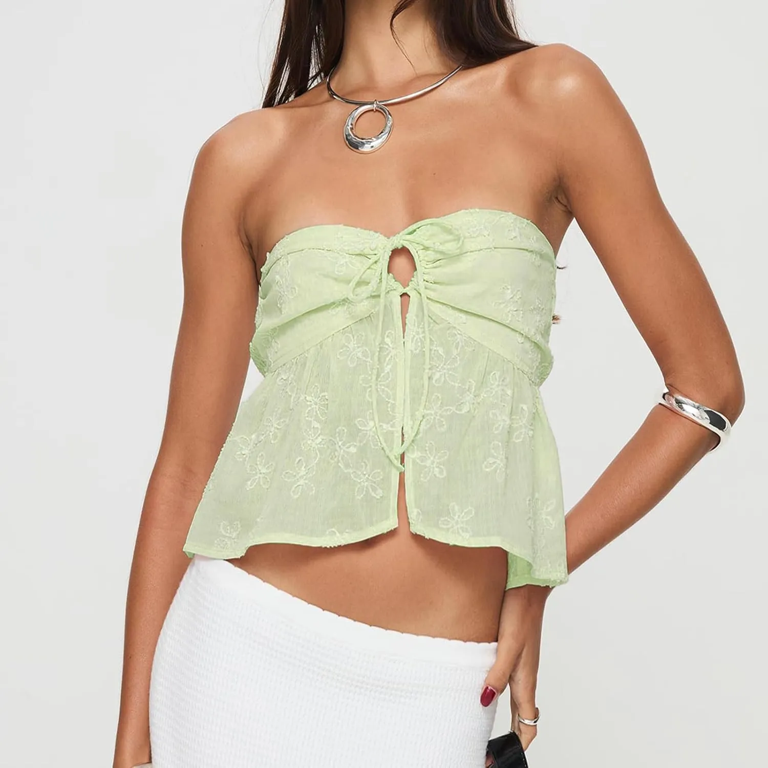 Amiblvowa Women Tie Front Tube Top Sexy Sleeveless Strapless Flowy Ruffle Hem Peplum Bandeau Top Y2K Cute Going Out Crop Tank