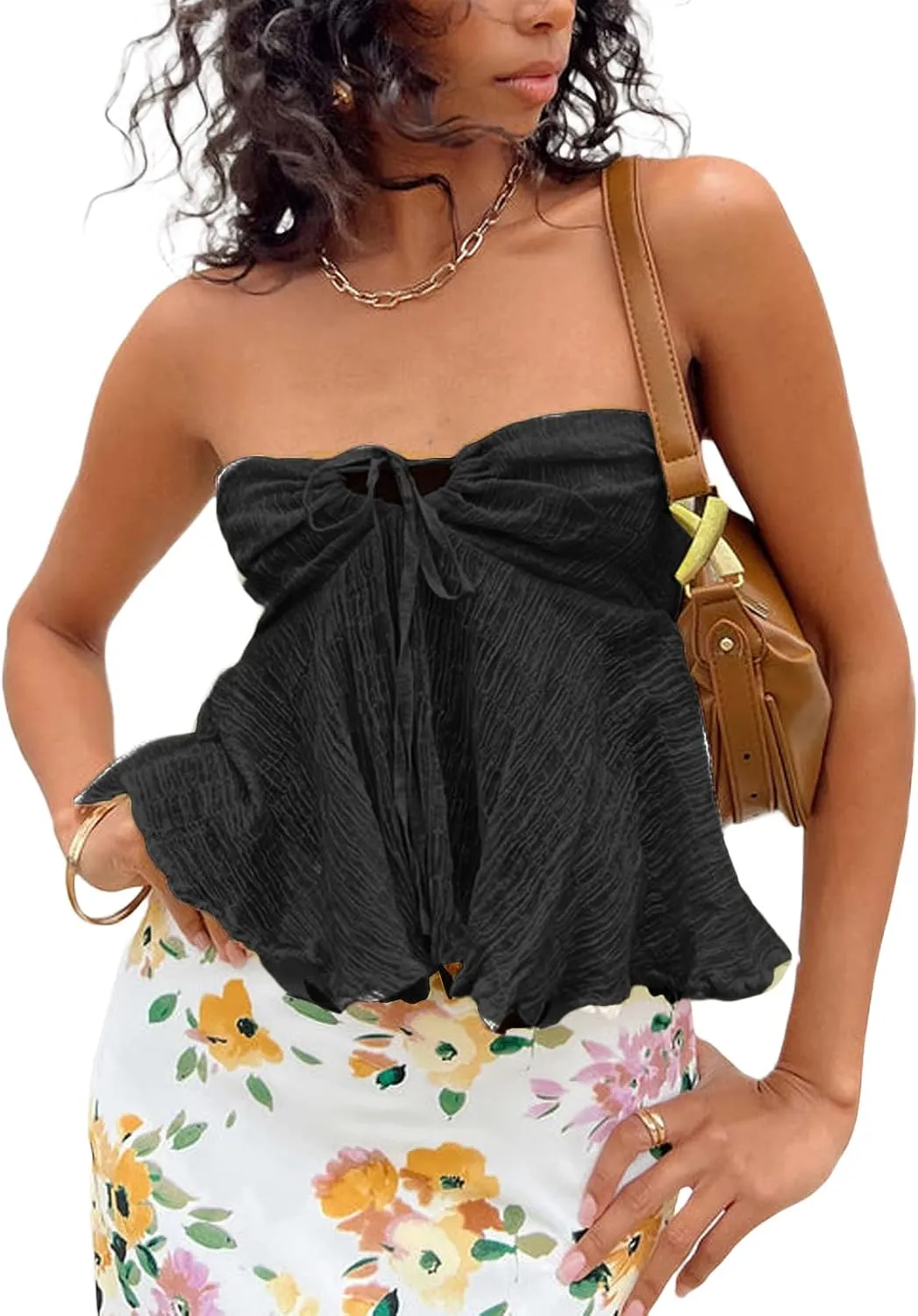 Amiblvowa Women Tie Front Tube Top Sexy Sleeveless Strapless Flowy Ruffle Hem Peplum Bandeau Top Y2K Cute Going Out Crop Tank